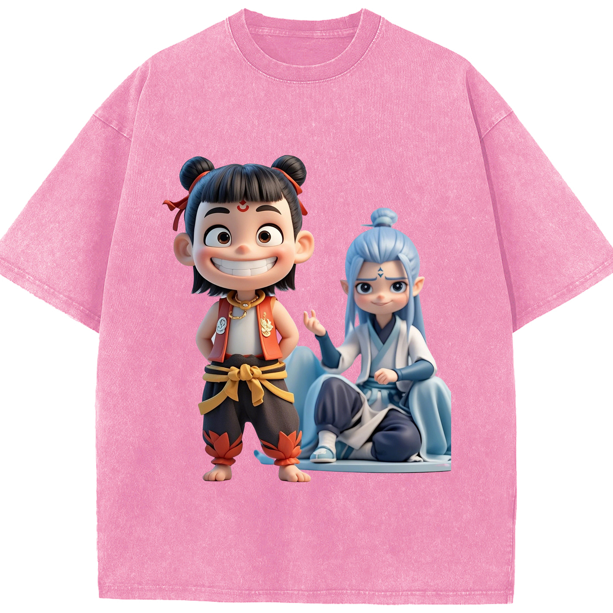 （画像用） Ne Zha 2 ナタ 魔童の大暴れ 綿100% ヴィンテージ風 半袖Tシャツ（フロントプリント）